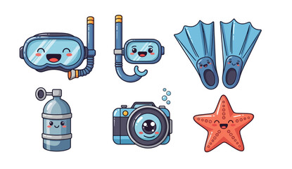 Cute cartoon diving equipment and starfish with smiling faces © colorshapppy