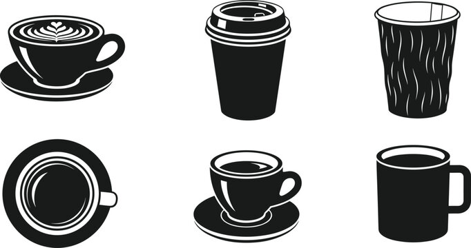 Coffee cup and takeaway mug icon collection with latte art espresso drink silhouettes isolated for cafe beverage branding