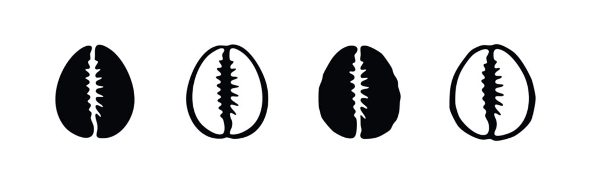 Black and White Cowrie Shell Icons Set Representing Nature and Ancient Currency