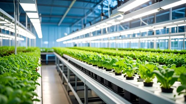 Fresh green leafy vegetables growing in an indoor hydroponic vertical farm under bright artificial LED grow lights