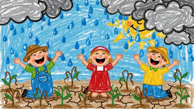 Children praying for rain in drought field animation