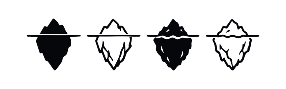Iceberg symbol set in flat style. Cold glacier icon. Water and ice sign with different design variations.
