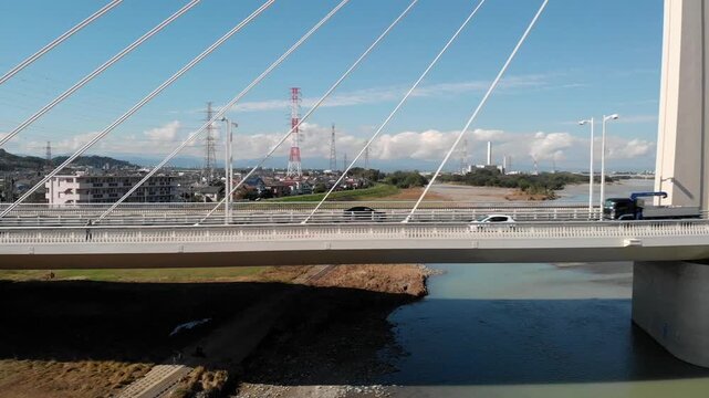 空撮 府中四谷橋の横移動俯瞰映像(上手&rarr;下手)