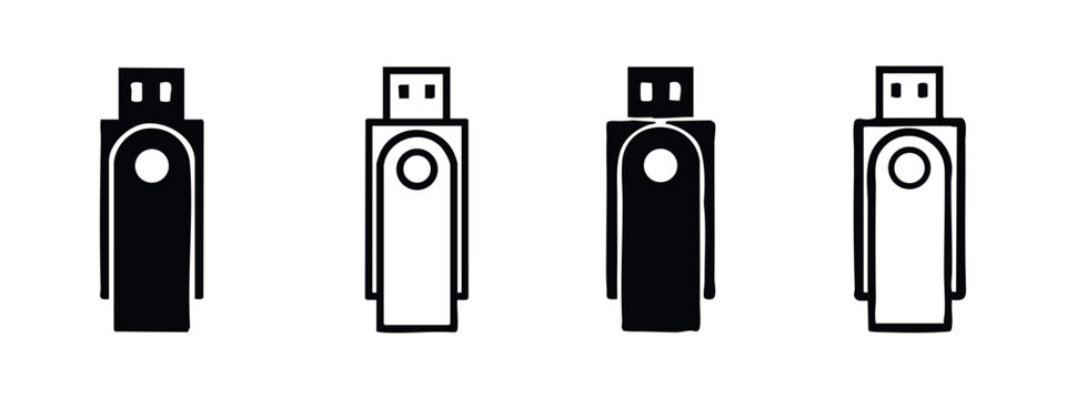 USB flash drive icon set. Data storage device symbols in solid and outline style. Computer memory sticks.