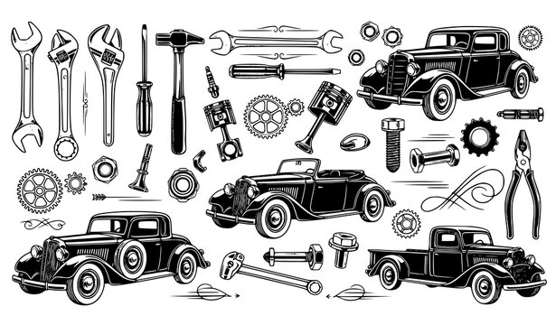 Vintage Black and White Car Repair Vector Elements Set for Automotive Design