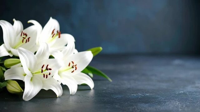 Elegant bouquet of blooming white lilies on dark textured stone background with negative space for text