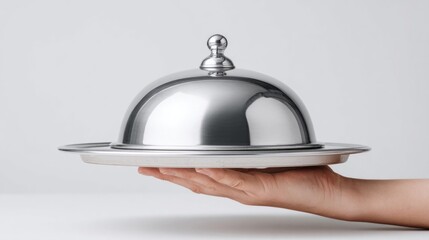 Hand holding a silver cloche on a plate, ready to serve a surprise dish