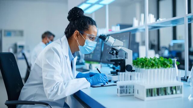 Black female scientist in mask and lab coat writing notes while analyzing plants with microscope in modern laboratory