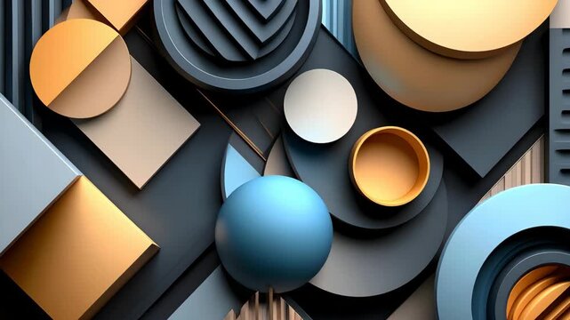 Abstract 3D geometric composition with blue and gold spheres and cylinders in a modern minimalist architectural style