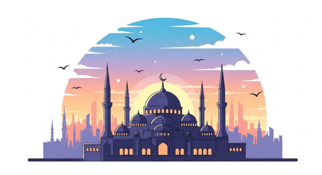 A serene vector illustration of a mosque at sunset with a city skyline
