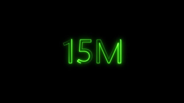 15M Number with Neon Green Glow Effect on Black Background: 3D High-Tech Digital Counter, Milestone Celebration Graphic, Glowing Luminescent Font for Financial or Social Media Achievement Video