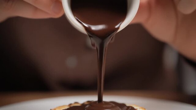 Hands drizzling chocolate syrup over dessert close-up on plate