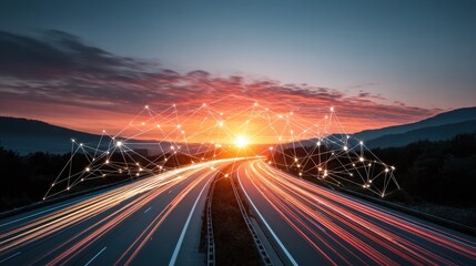 Futuristic highway network visualization at sunset with light trails and connected nodes