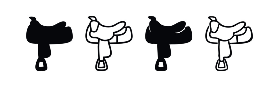 Western horse saddle icon set, black and white equestrian riding equipment symbols