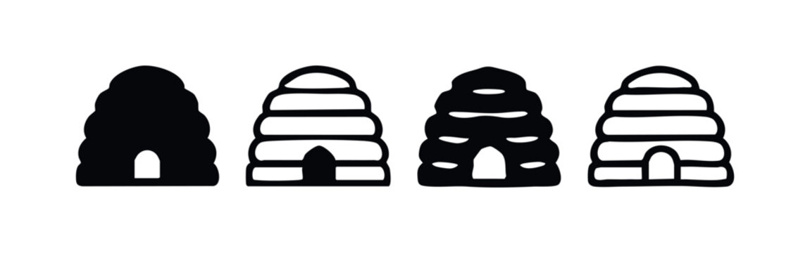 Skep Beehive Icons Set. Traditional Honey Bee Home Silhouette and Outline Vector Illustration.