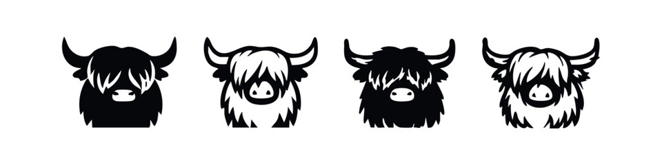 Adorable Yak and Highland Cow Face Icons, Black and White Vector Set © liubomir118809