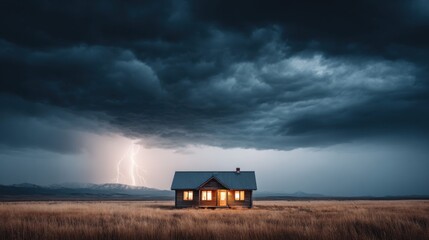 Fototapeta premium Isolated cabin endures a powerful lightning storm over vast, dry grassland landscape