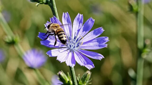 Close-up of a delicate blue chicory flower blooming in a sunny meadow with soft bokeh background