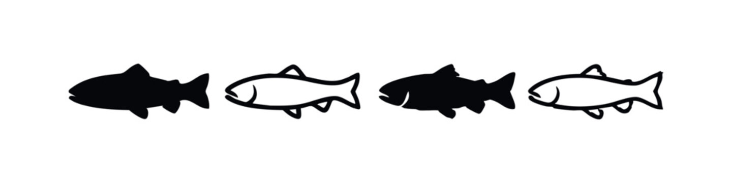 Stylized fish icons set with solid and outline illustrations