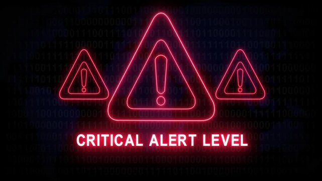 Critical Alert level warning. Cybersecurity defense and secure digital systems protection against cyberattacks. urgent threat notification 4k safety black background animation