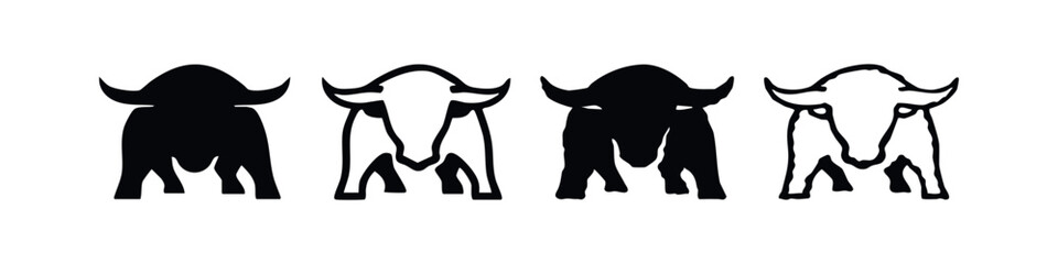Strong Bull Icons Set with Wide Horns, Front View Animal Silhouettes Collection