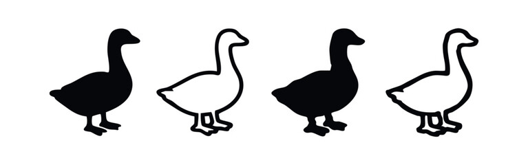 Simple Goose Icons Set in Black and White, Side View Bird Silhouettes © liubomir118809