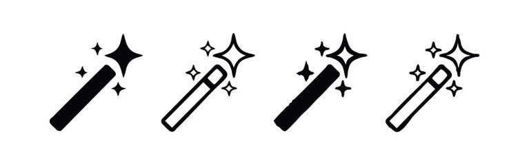 Fototapeta premium Magic Wand Icons Set with Sparkling Stars. Enchantment, Spell and Fantasy Wizardry Symbols in Different Styles