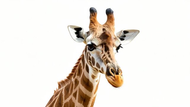 Majestic giraffe portrait head and neck close up isolated on plain white background showing patterned fur and large ears
