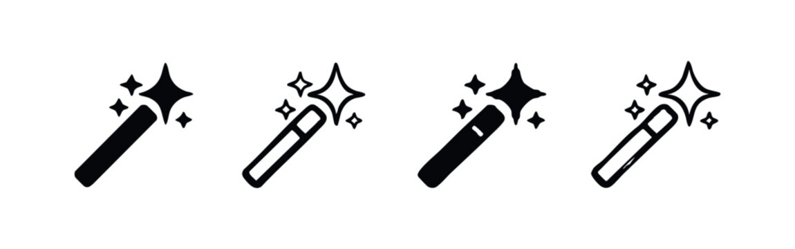 Magic Wand Icons with Sparkles - Vector set of fantasy wizardry and enchantment symbols for design.