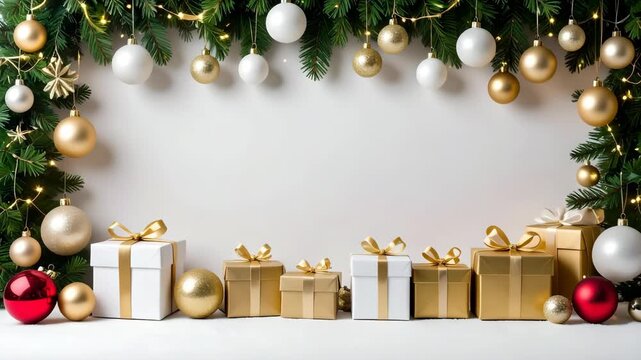 Festive Christmas border with gold white and red ornaments and wrapped gift boxes on a plain white background