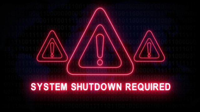System shutdown required alert warning. Cybersecurity defense and secure digital systems protection against cyberattacks. urgent threat notification 4k safety black background animation