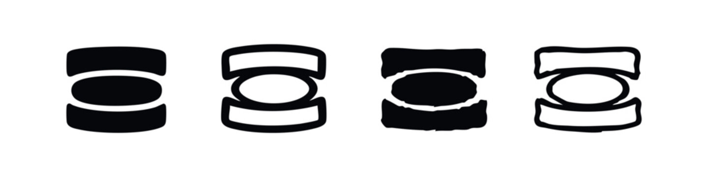 Human knee joint bone icons set. Stylized patella and femur elements in various forms.