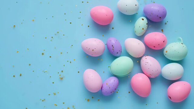 colorful easter eggs, pastel background copy space
