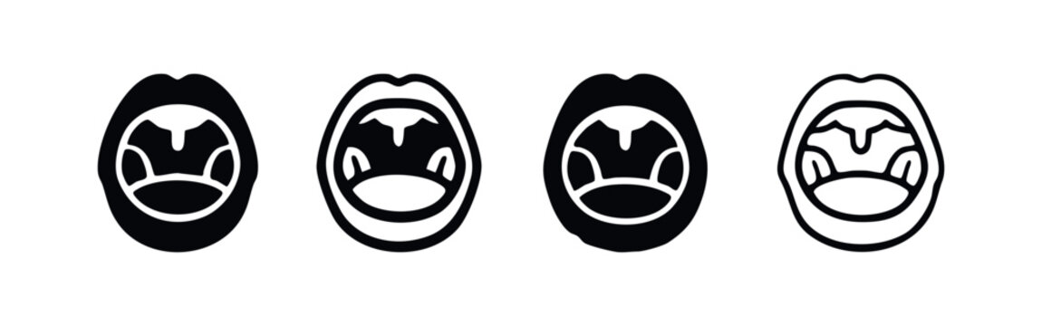 Human open mouth and throat vector icons set. Oral cavity anatomy with uvula and tonsils on white background.
