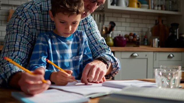 Parent Helping Child with Homework at Kitchen Table