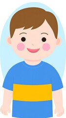 Obraz premium Cartoon depiction of a young boy smiling. He has brown hair, pink cheeks, and wears a blue shirt with a yellow stripe. Soft blue background