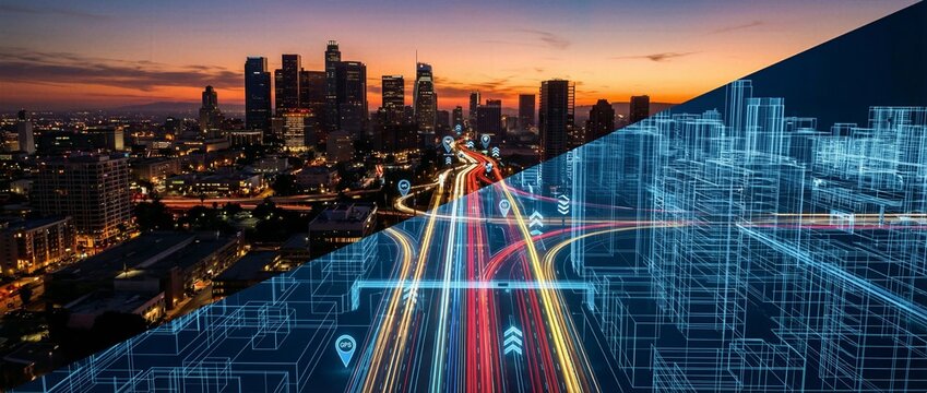 Metropolitan sunset city with high speed traffic trails and wireframe building digital twin visualization for urban development and futuristic planning strategy