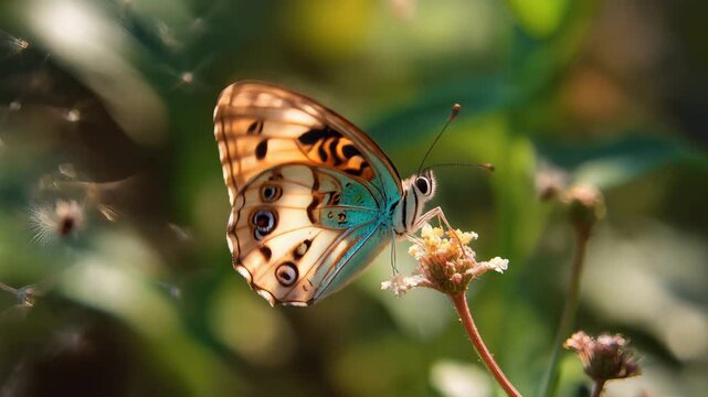 Butterfly, Morpho Butterfly on Flower, Nature Scene, Green Blurred Background, symbolizing freedom, beauty.
