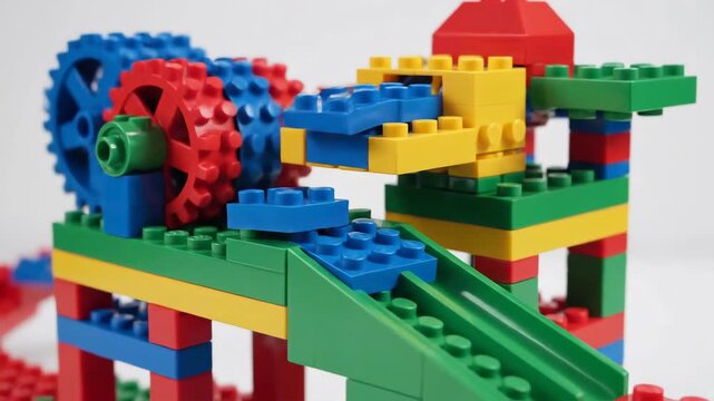 Colorful Construction Toy Machine with Gears and Tracks.