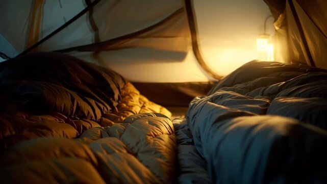 Sleeping Bag Inside Cozy Camping Tent with Lantern Light
