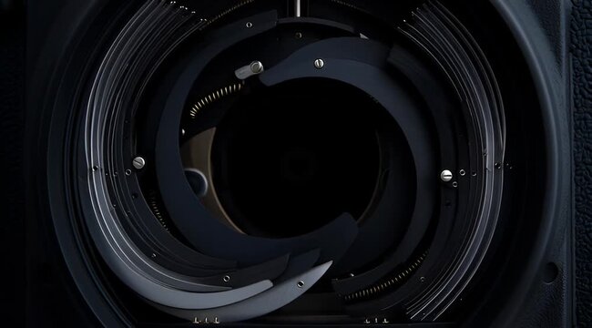 Close up of camera aperture mechanism with dark black background and circular blades