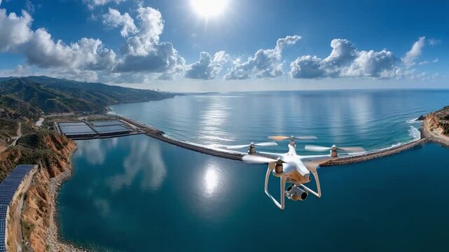 Drone's Aerial Vista of Coastline: A drone gracefully soars above a serene coastal scene. The image showcases the tranquility of ocean, complemented by the clear sky and lush landscape.