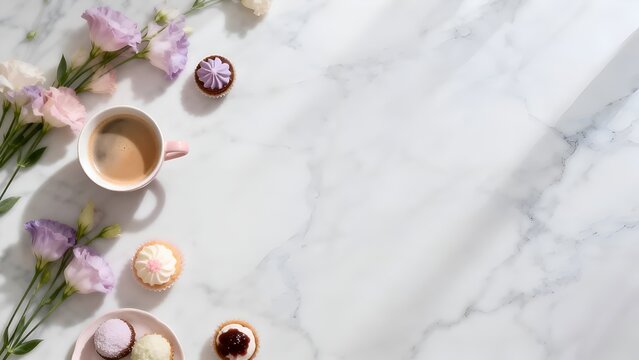 Flat lay of coffee, mini cupcake, and light purple flowers on white marble background. soft feminine aesthetic with copy space.