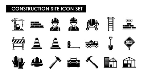 Professional Minimalist Construction Site Icon Set featuring detailed silhouettes of building tools, equipment, and worker elements for engineering and architecture projects. © MstSomaya