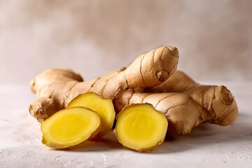 Fototapeta premium Ginger root placed on a surface with some cut pieces showing the yellow inside