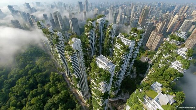 Skyline Eco-topia: An aerial panorama showcases a futuristic cityscape where nature and architecture harmoniously coexist. Greenery-clad skyscrapers pierce through the clouds.
