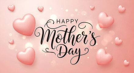 Happy mothers day elegant typography greeting with floating pink hearts soft romantic background design expressing love appreciation motherhood celebration