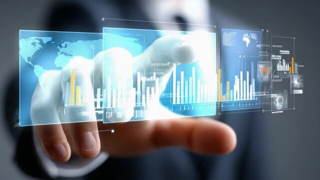 Data Visualization: An executive's hand interacting with virtual data, showcasing the convergence of technology and insightful analysis.