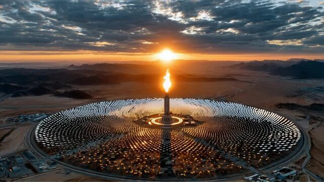 Solar Power Innovation: A breathtaking aerial view captures the essence of a cutting-edge solar thermal power plant, with a towering receiver at its core, harnessing the sun's energy.