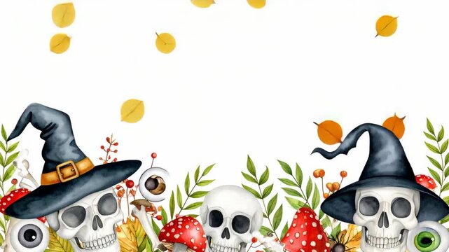 Watercolor Halloween border with human skulls wearing black witch hats and red mushrooms among autumn leaves on white background